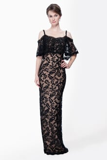 Embroidered Lace Cold Shoulder Gown in Black / Nude