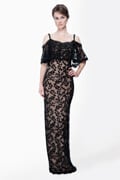 Embroidered Lace Cold Shoulder Gown in Black / Nude