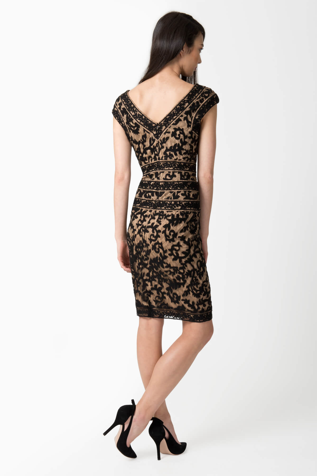 Embroidered Lace V-Neck Dress with Banded Lace Detail in Black / Nude