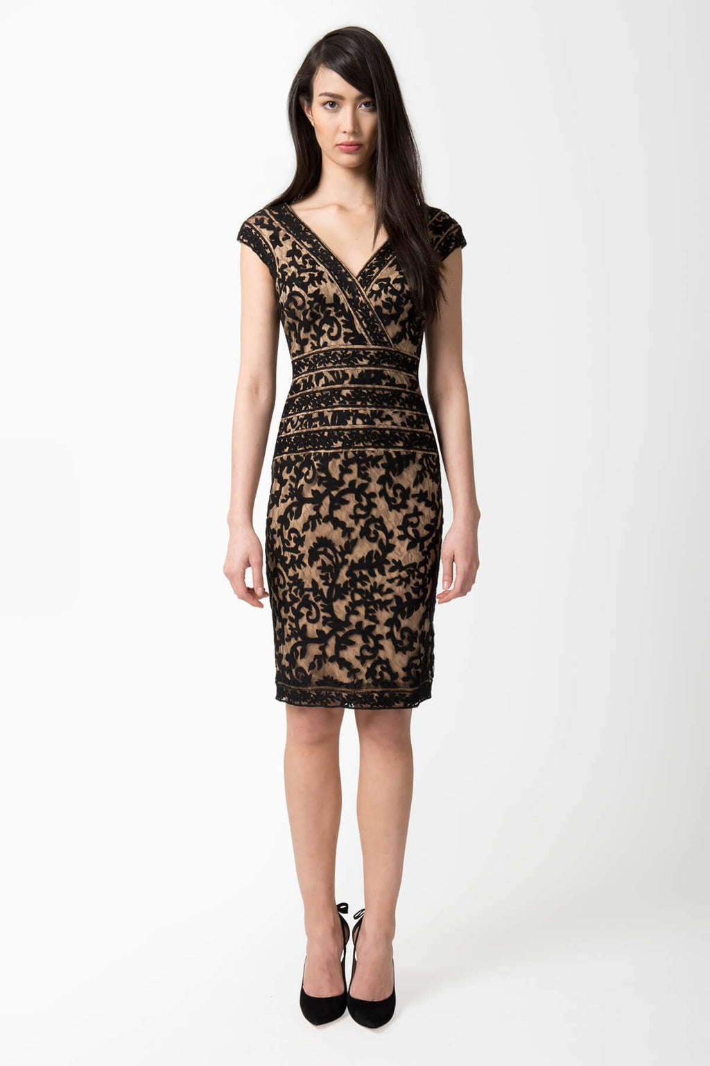 Embroidered Lace V-Neck Dress with Banded Lace Detail in Black / Nude