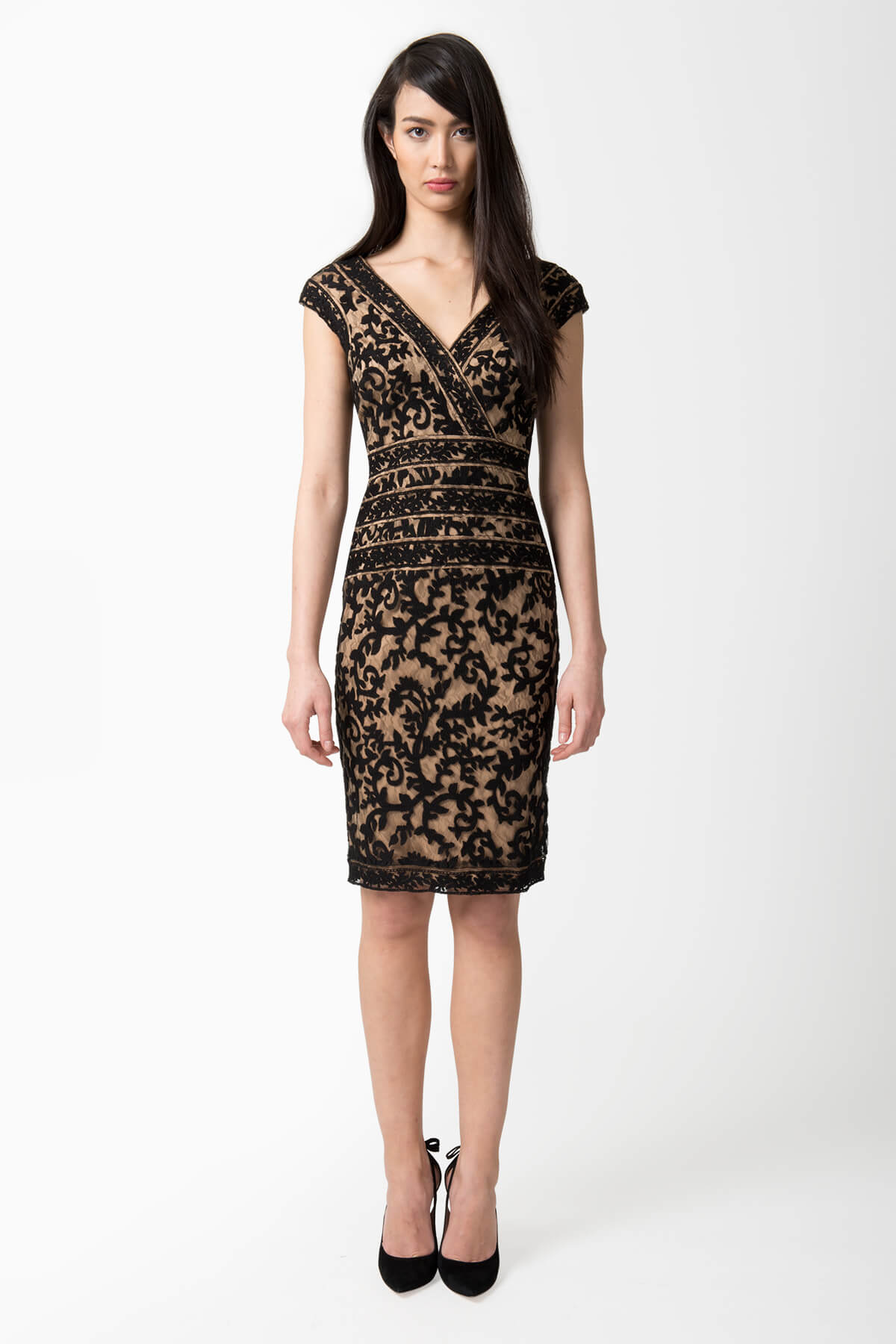 Embroidered Lace V-Neck Dress with Banded Lace Detail in Black / Nude