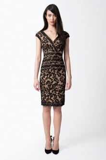 Embroidered Lace V-Neck Dress with Banded Lace Detail in Black / Nude