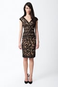 Embroidered Lace V-Neck Dress with Banded Lace Detail in Black / Nude