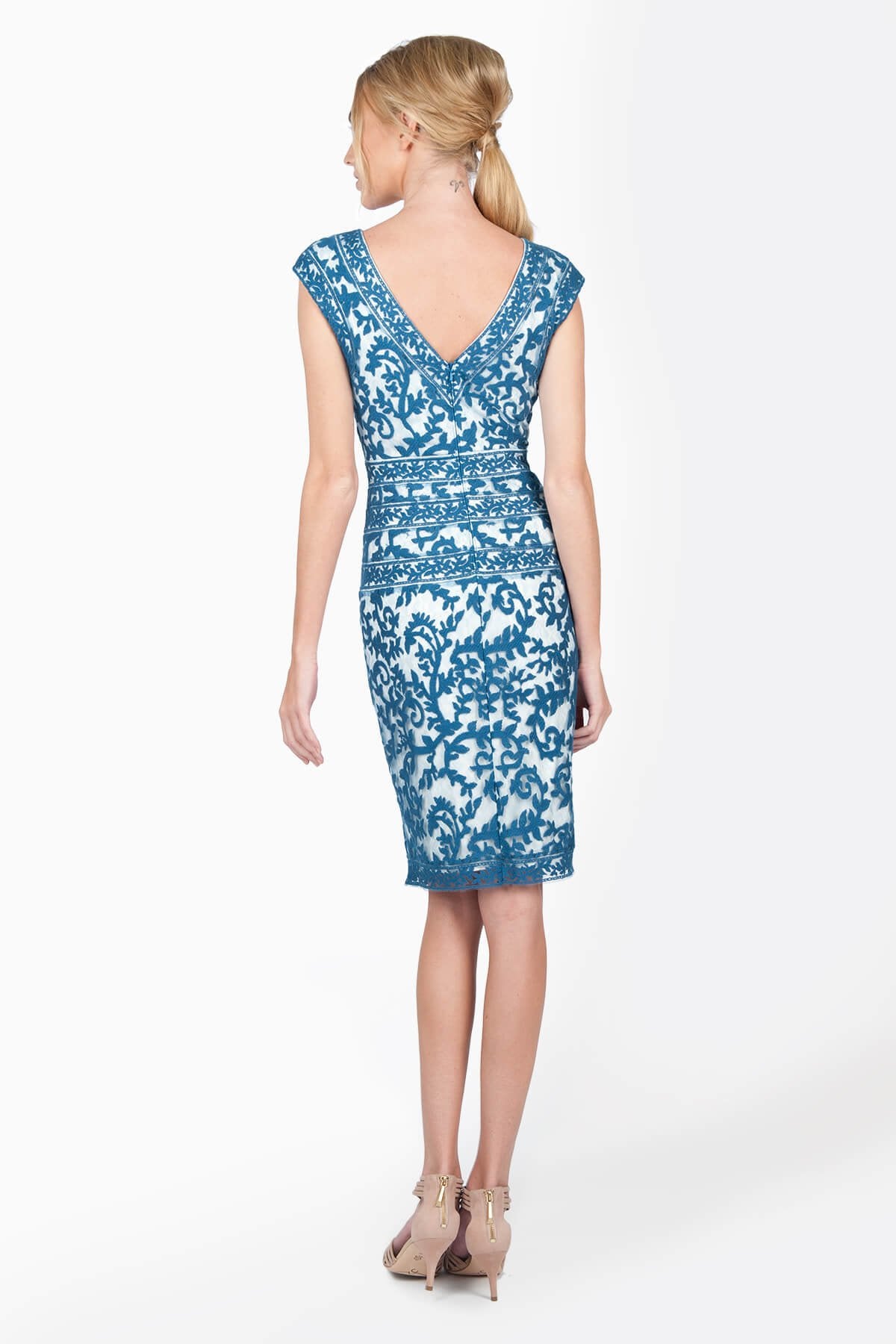 Embroidered Lace V-Neck Dress with Banded Lace Detail in Ocean Mist
