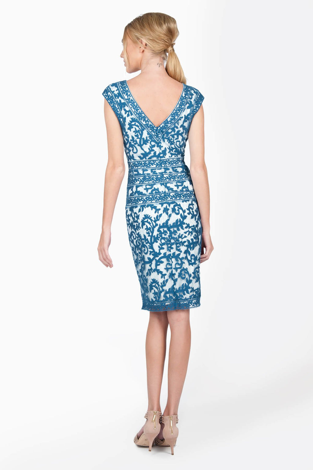 Embroidered Lace V-Neck Dress with Banded Lace Detail in Ocean Mist