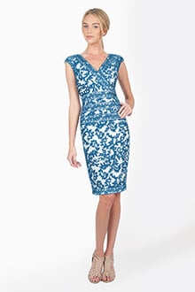 Embroidered Lace V-Neck Dress with Banded Lace Detail in Ocean Mist
