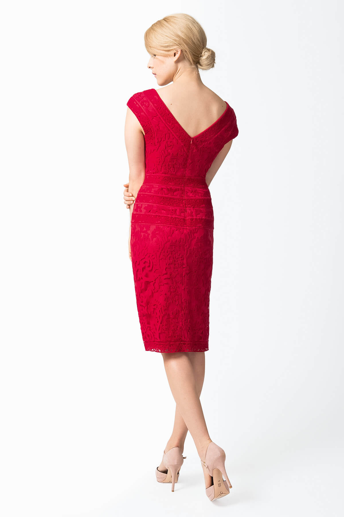 Embroidered Lace V-Neck Dress with Banded Lace Detail in French Rose