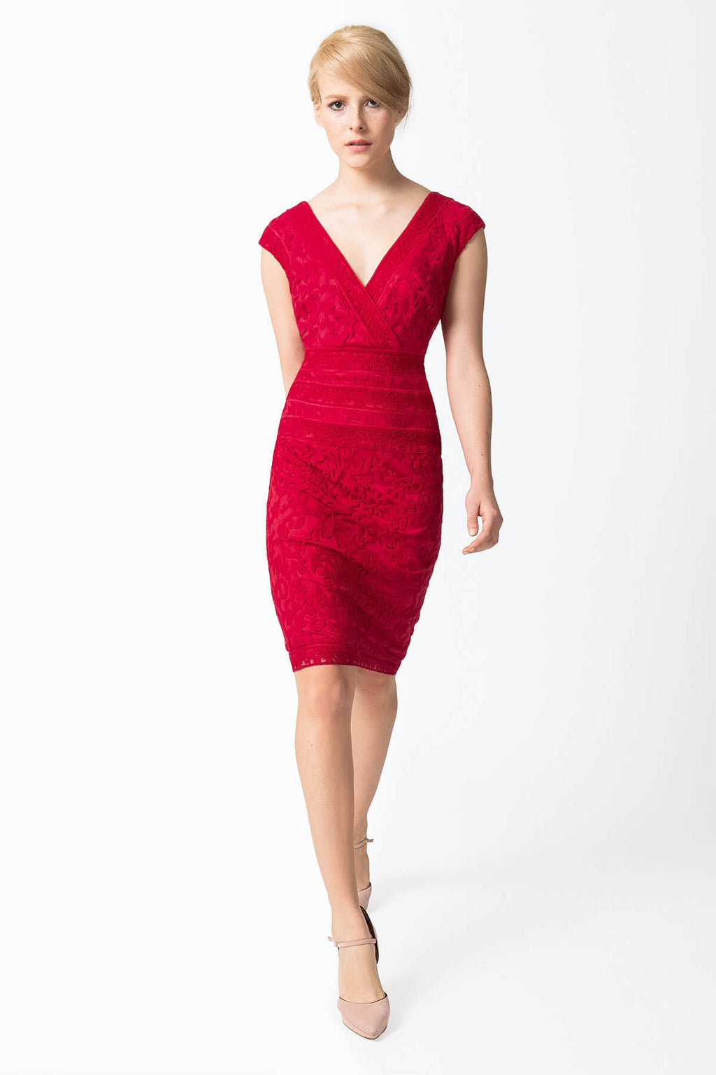 Embroidered Lace V-Neck Dress with Banded Lace Detail in French Rose