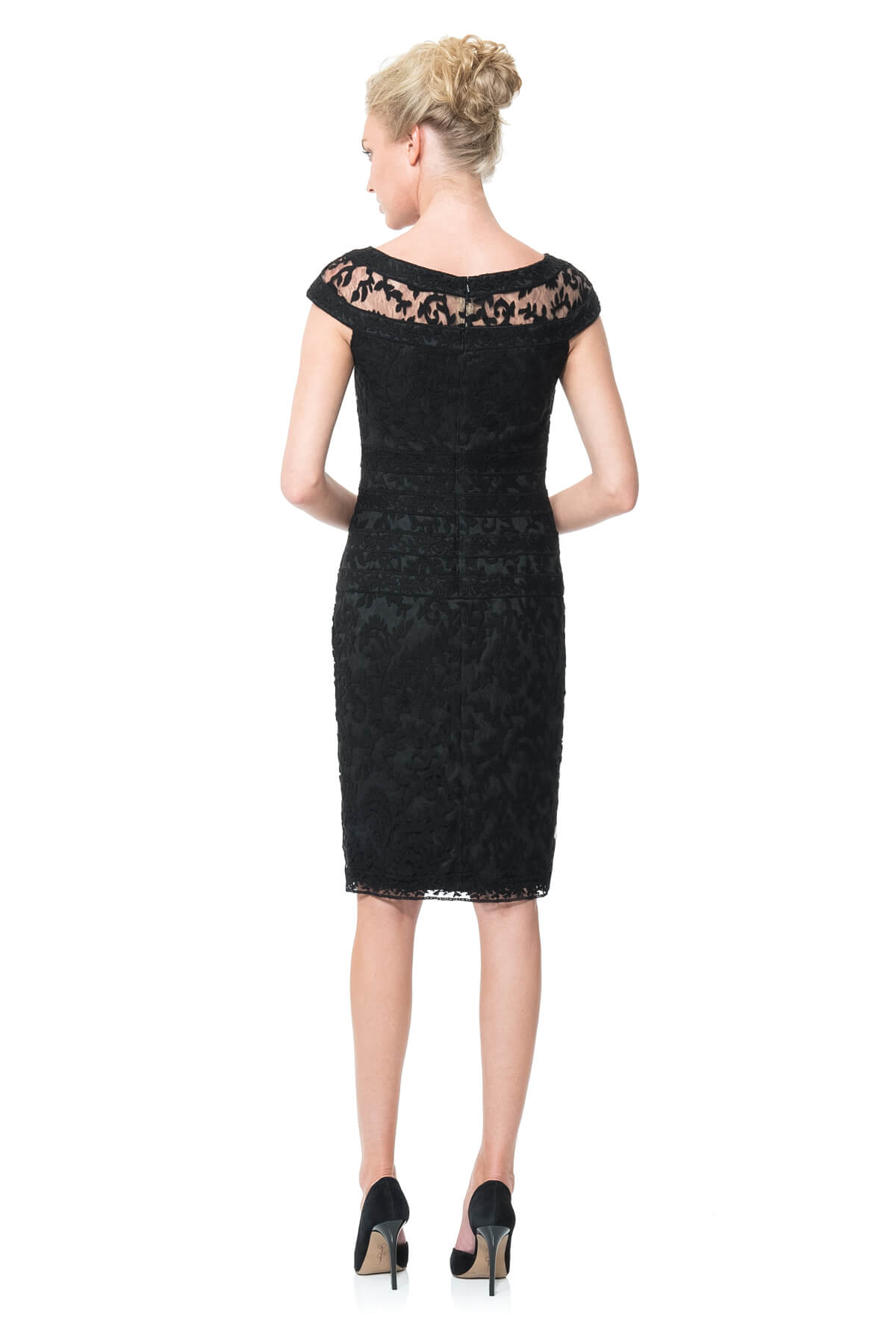 Embroidered Banded Lace Cap Sleeve Sheath Dress
