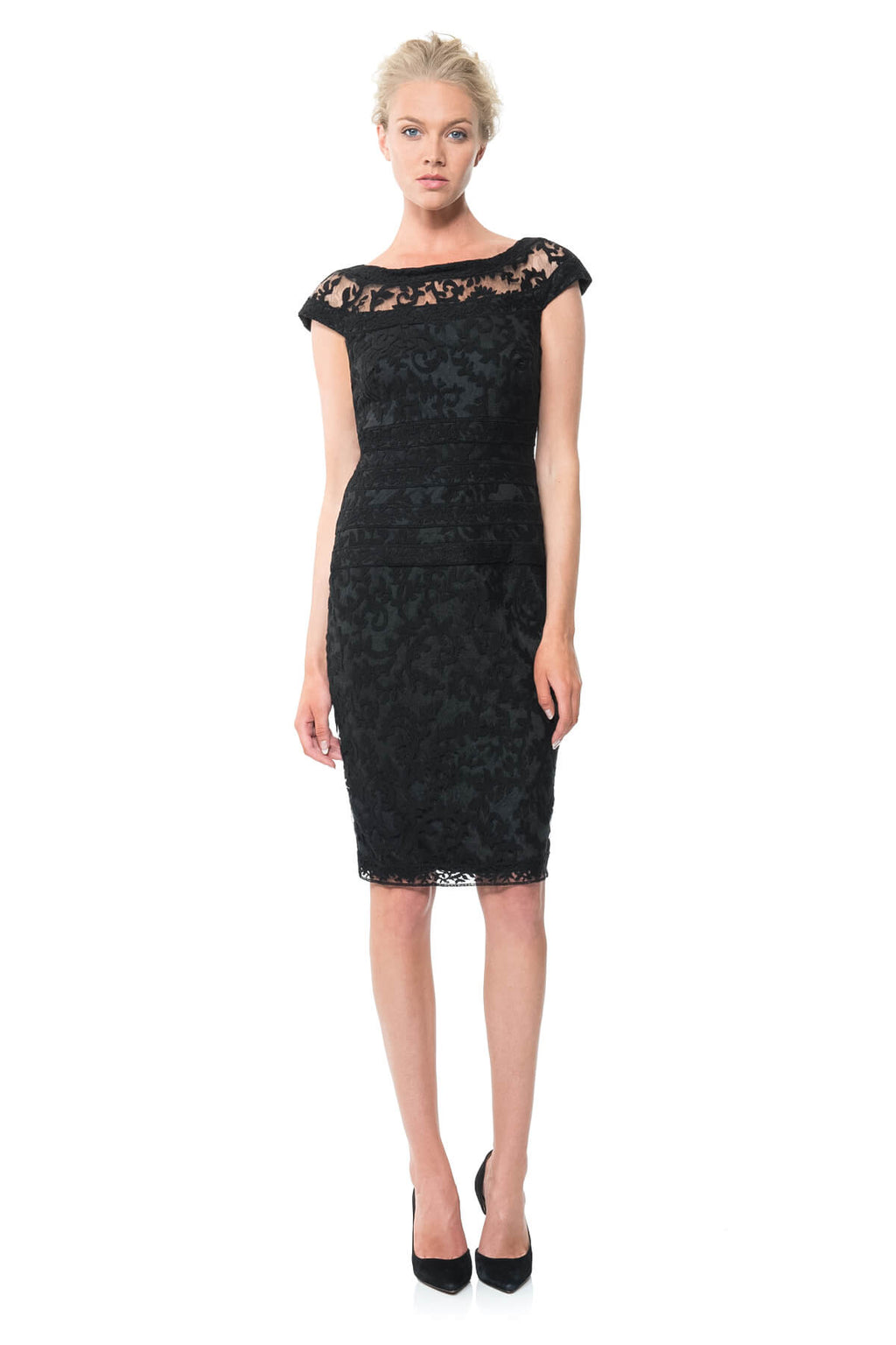 Embroidered Banded Lace Cap Sleeve Sheath Dress