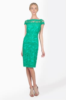 Embroidered Banded Lace Cap Sleeve Sheath Dress in Jade