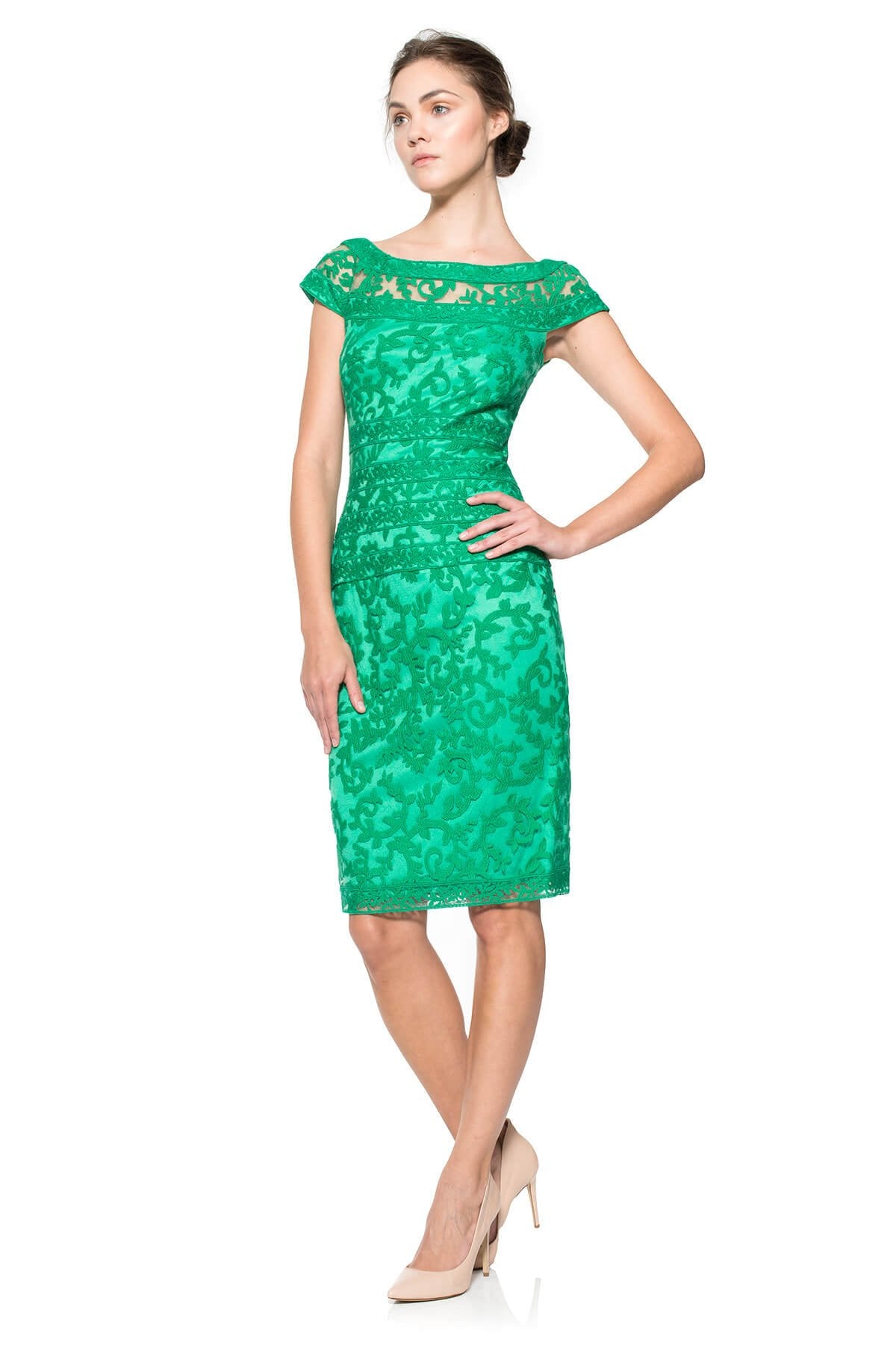 Embroidered Banded Lace Cap Sleeve Sheath Dress in Jade