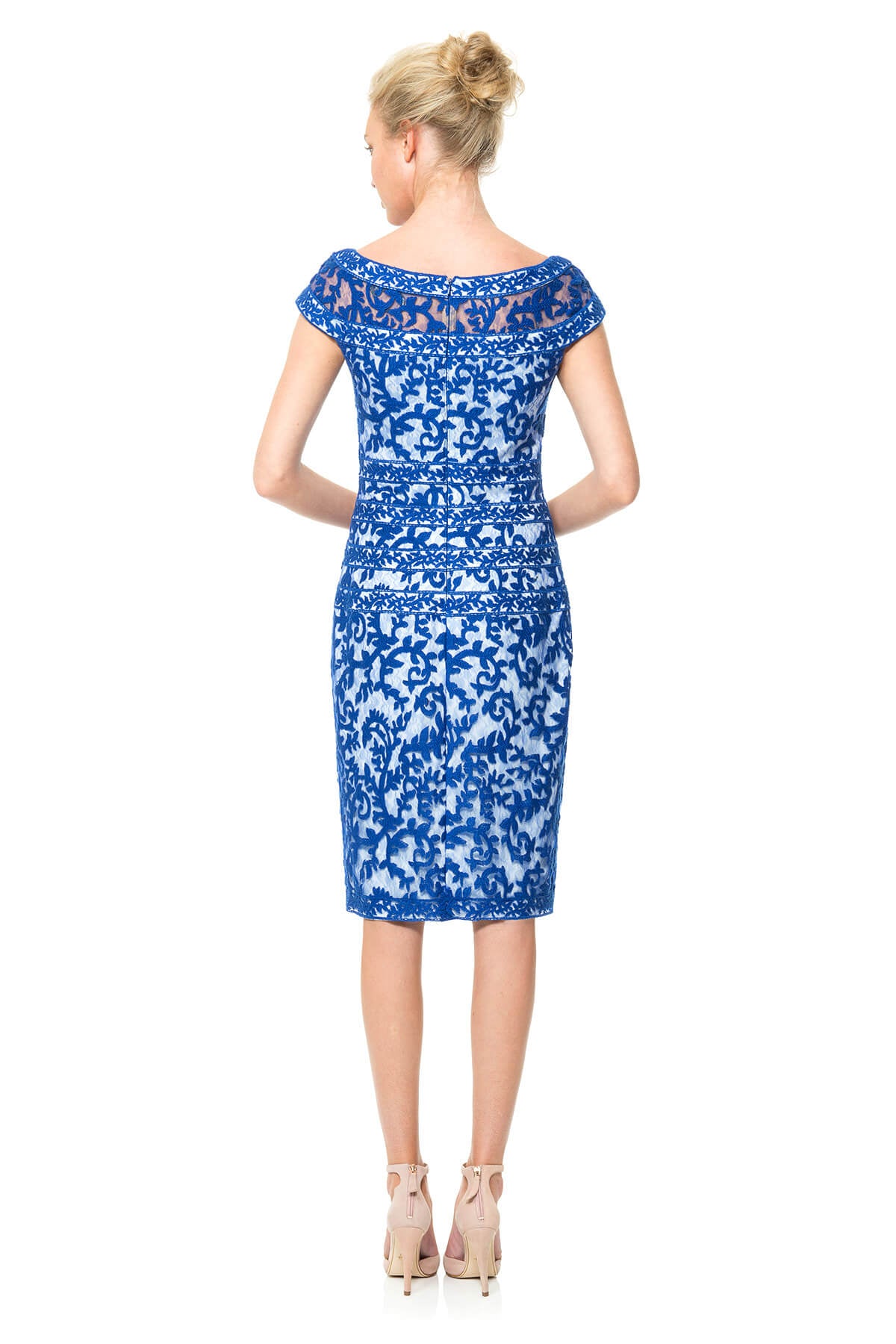 Embroidered Banded Lace Cap Sleeve Sheath Dress