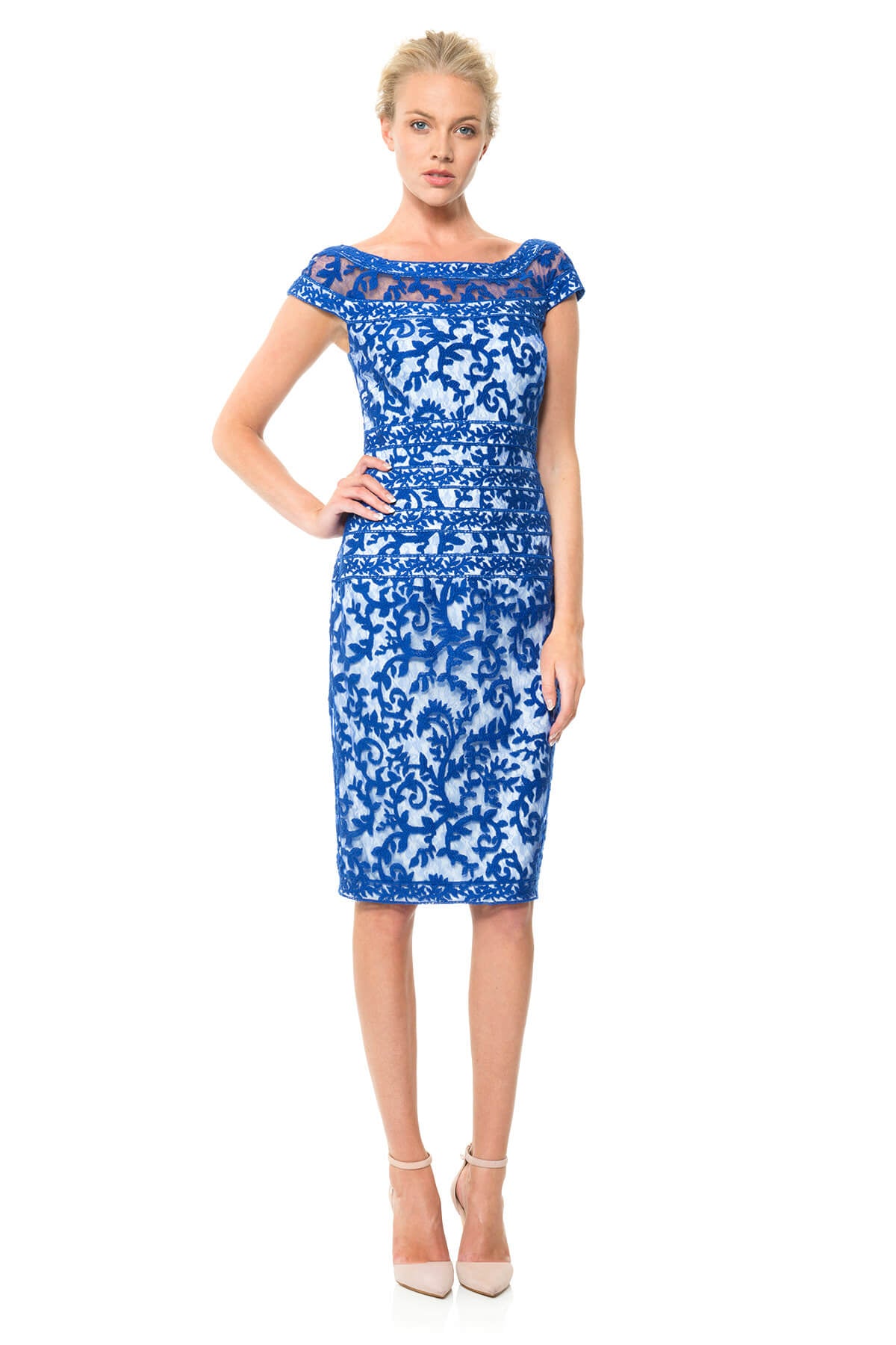 Embroidered Banded Lace Cap Sleeve Sheath Dress