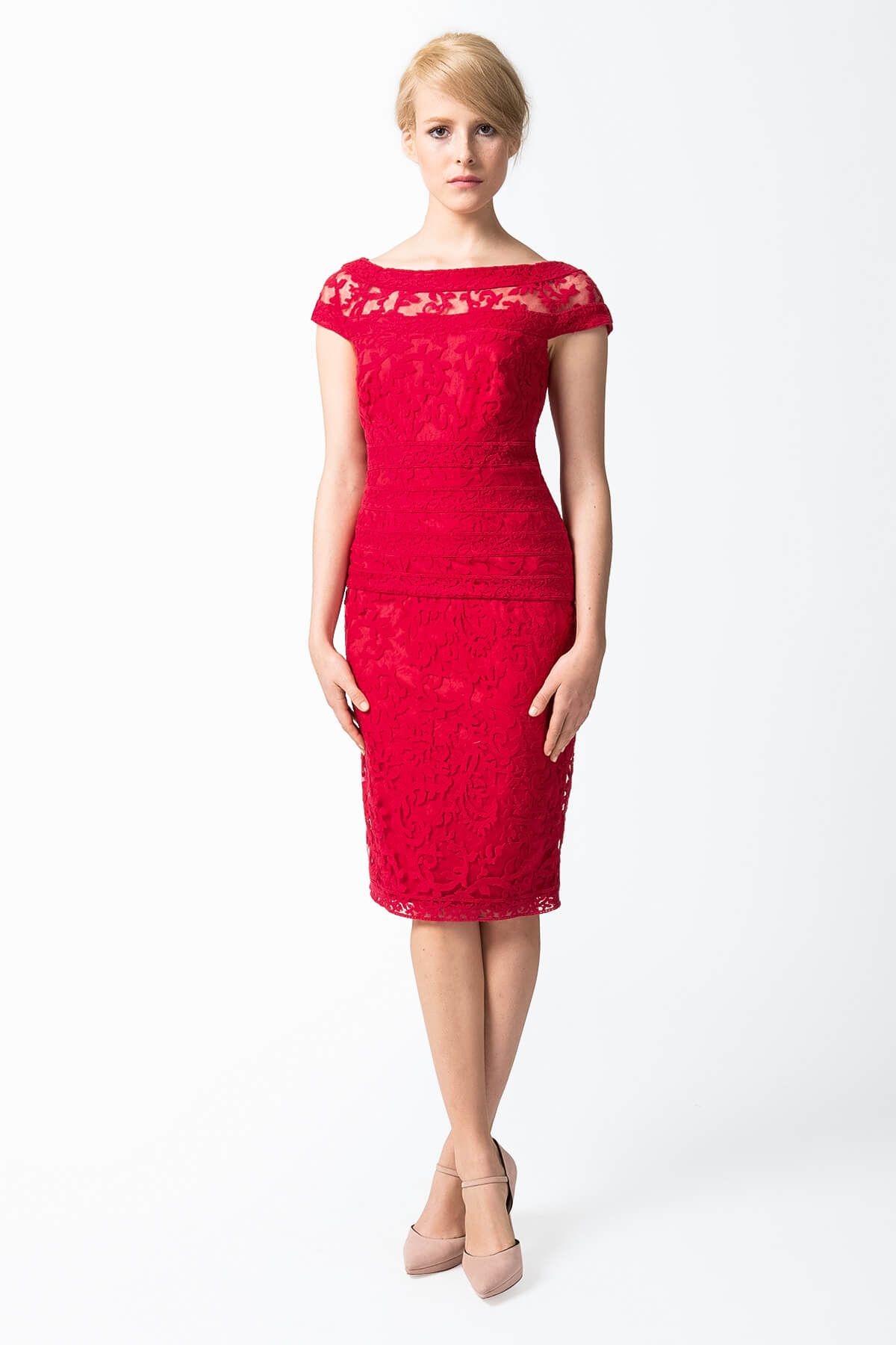 Embroidered Banded Lace Cap Sleeve Sheath Dress in French Rose
