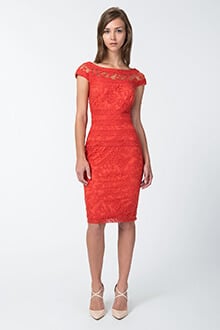 Embroidered Banded Lace Cap Sleeve Sheath Dress in Tango