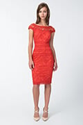 Embroidered Banded Lace Cap Sleeve Sheath Dress in Tango
