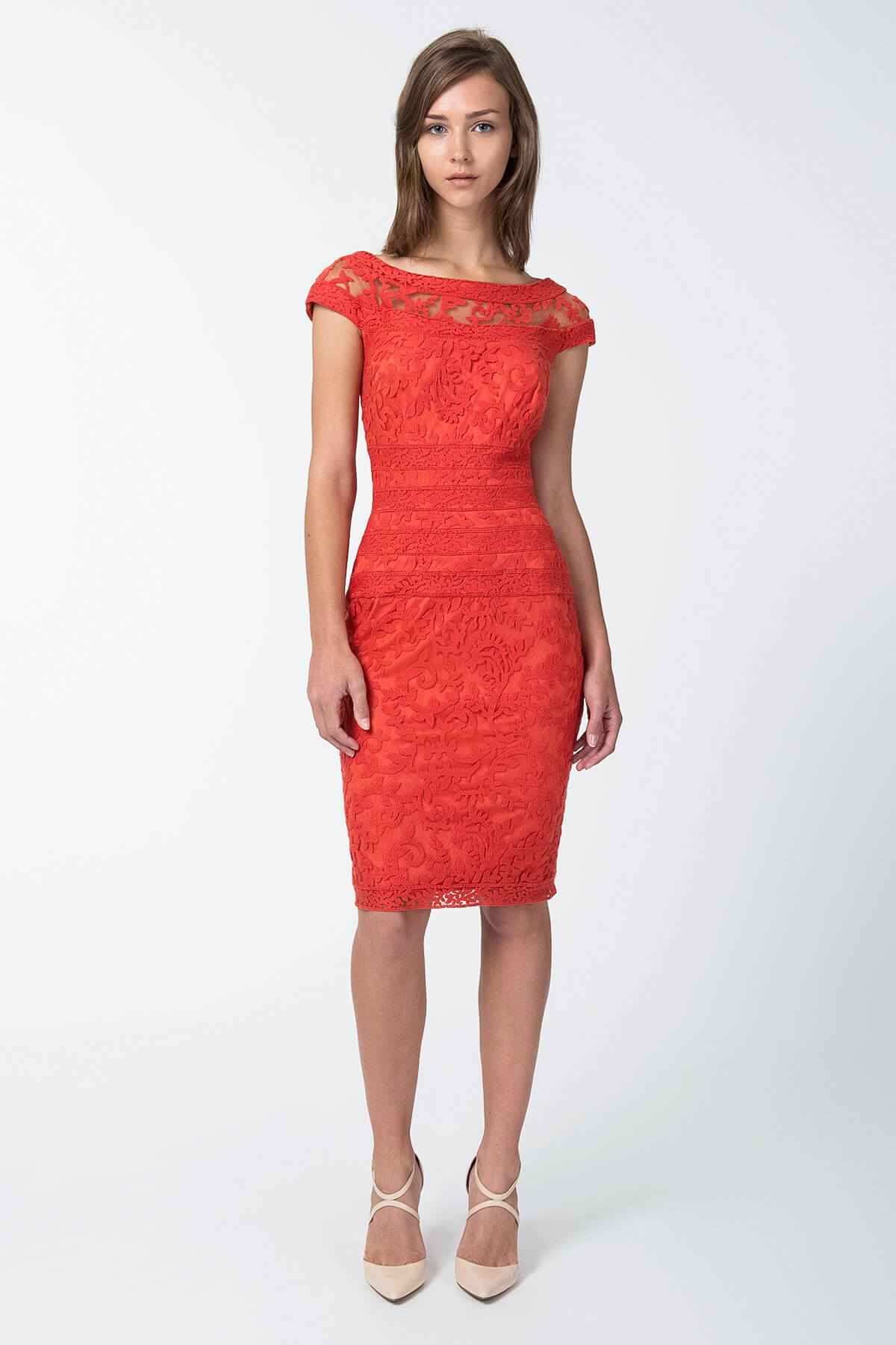 Embroidered Banded Lace Cap Sleeve Sheath Dress in Tango
