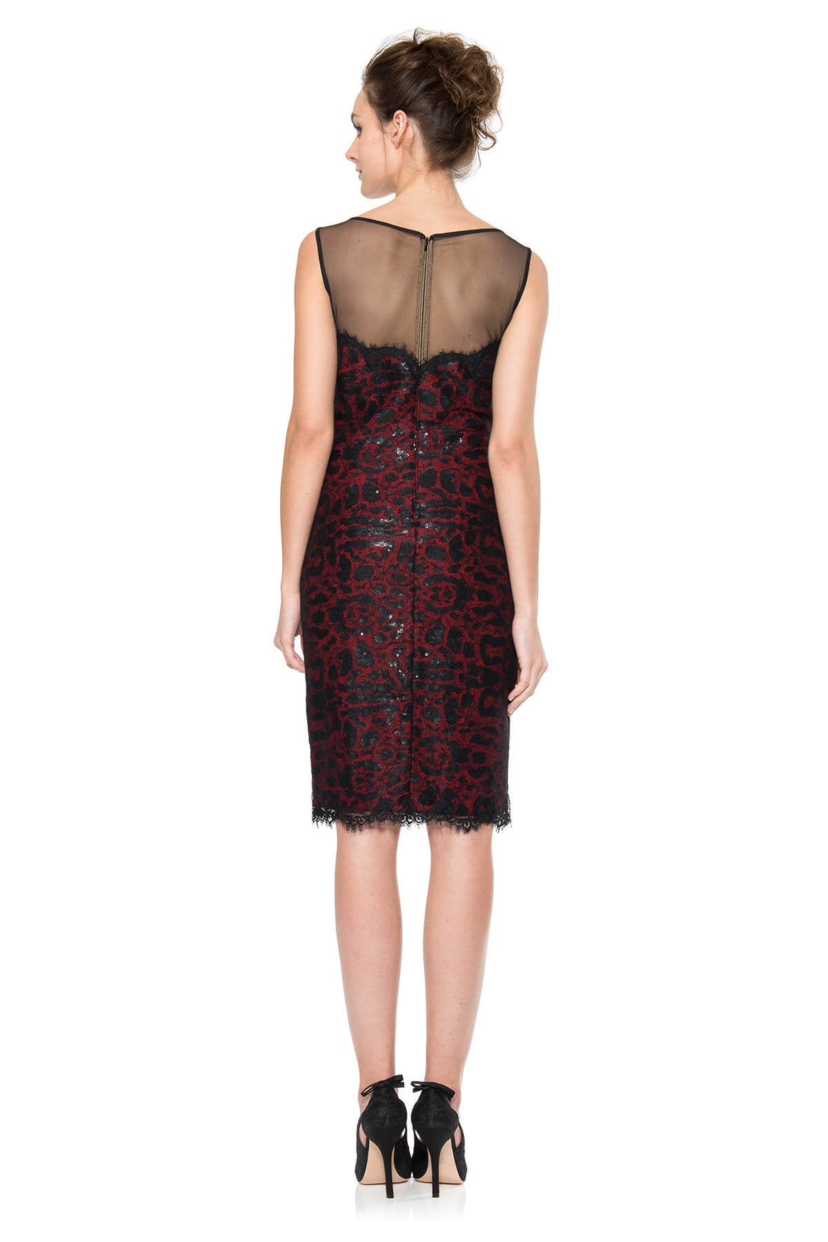 Paillette Embroidered Animal Print Lace and Tulle Neckline Dress in Black / Flame