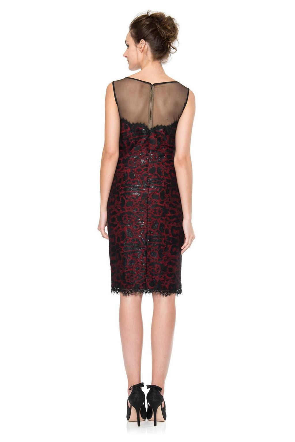 Paillette Embroidered Animal Print Lace and Tulle Neckline Dress in Black / Flame