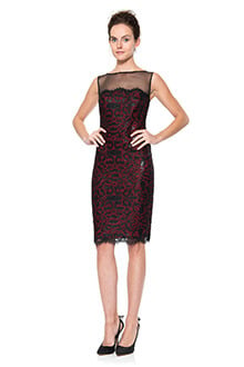 Paillette Embroidered Animal Print Lace and Tulle Neckline Dress in Black / Flame