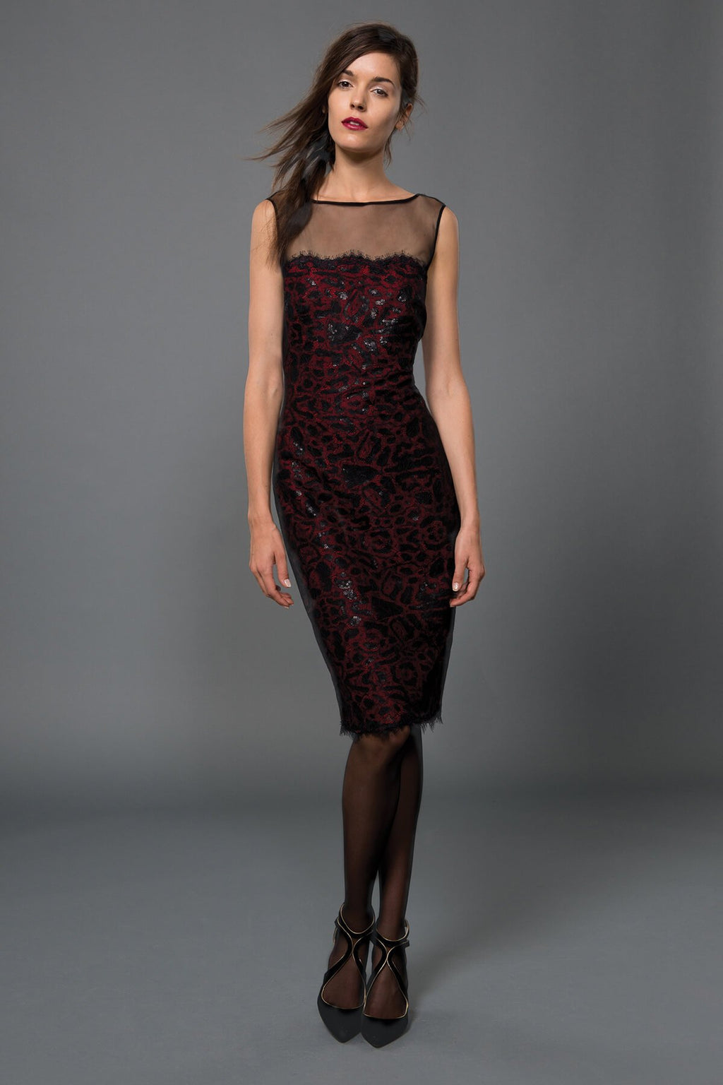 Paillette Embroidered Animal Print Lace and Tulle Neckline Dress in Black / Flame