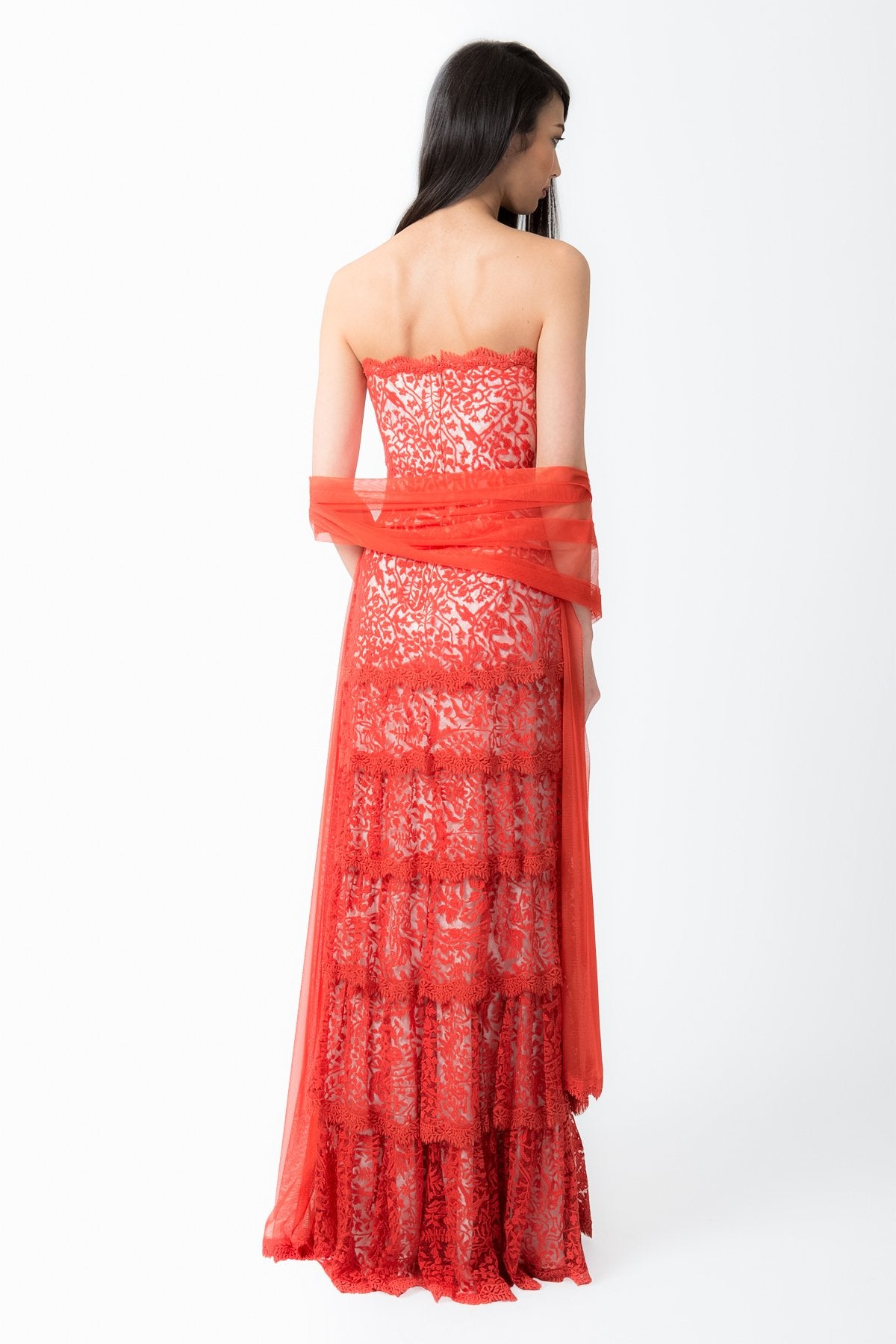 Embroidered Lace Strapless Tiered Gown with Stole in Paprika