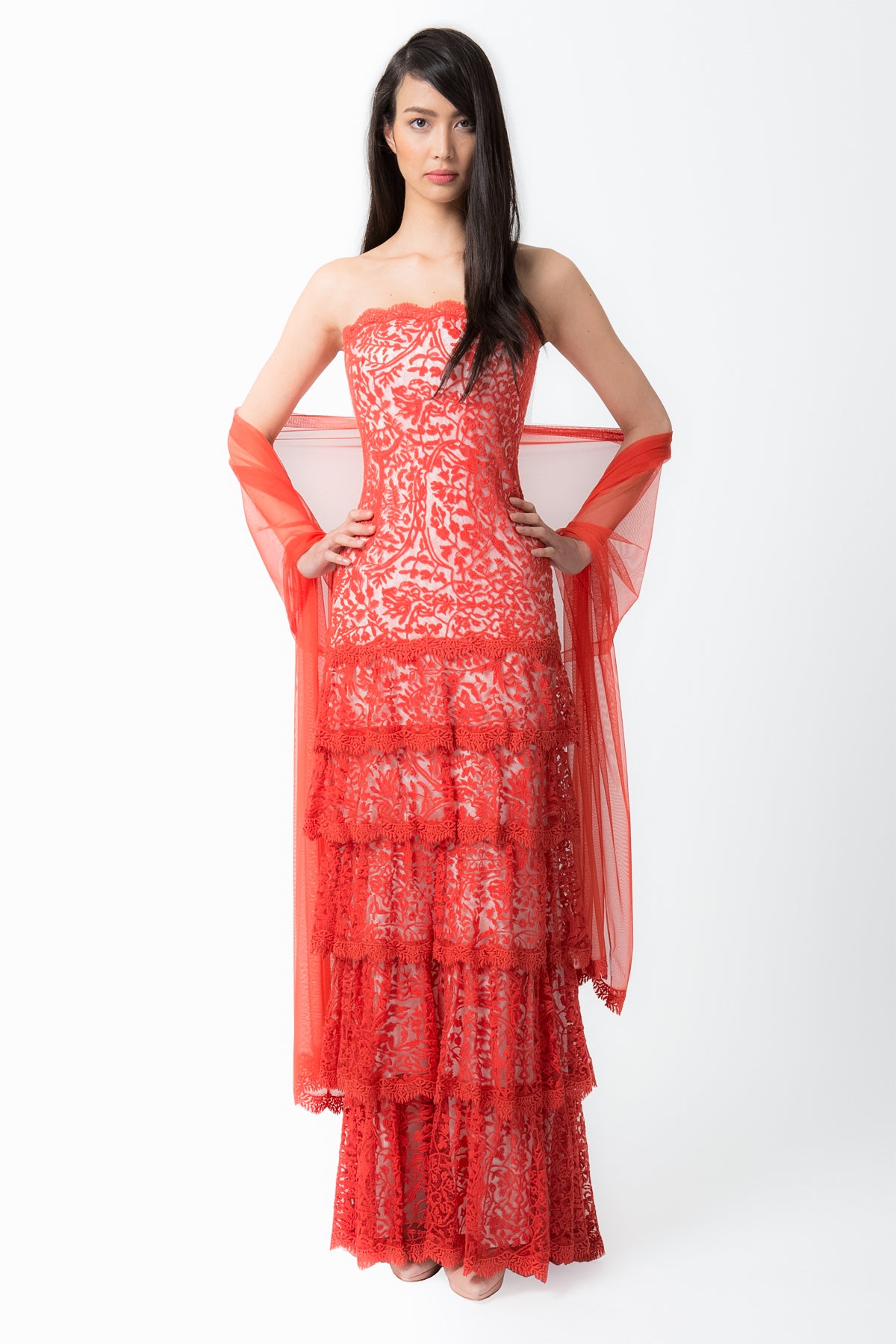 Embroidered Lace Strapless Tiered Gown with Stole in Paprika