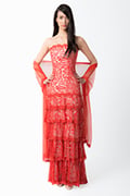 Embroidered Lace Strapless Tiered Gown with Stole in Paprika