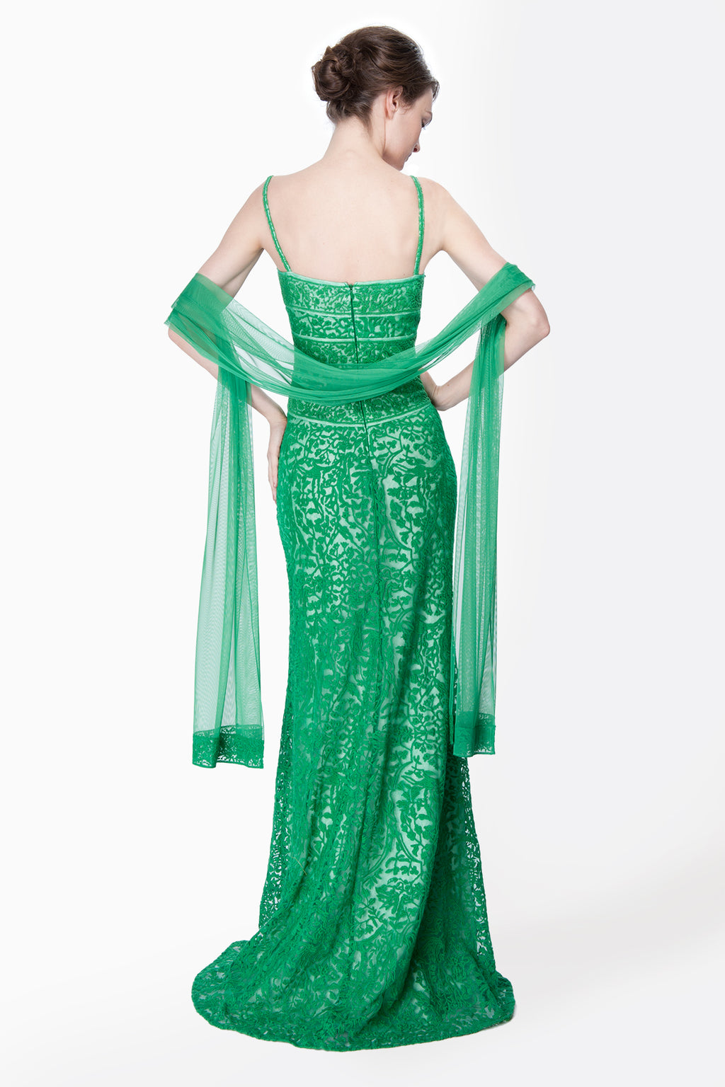 Embroidered Lace Banded Sweetheart Gown with Stole in Green Leaf
