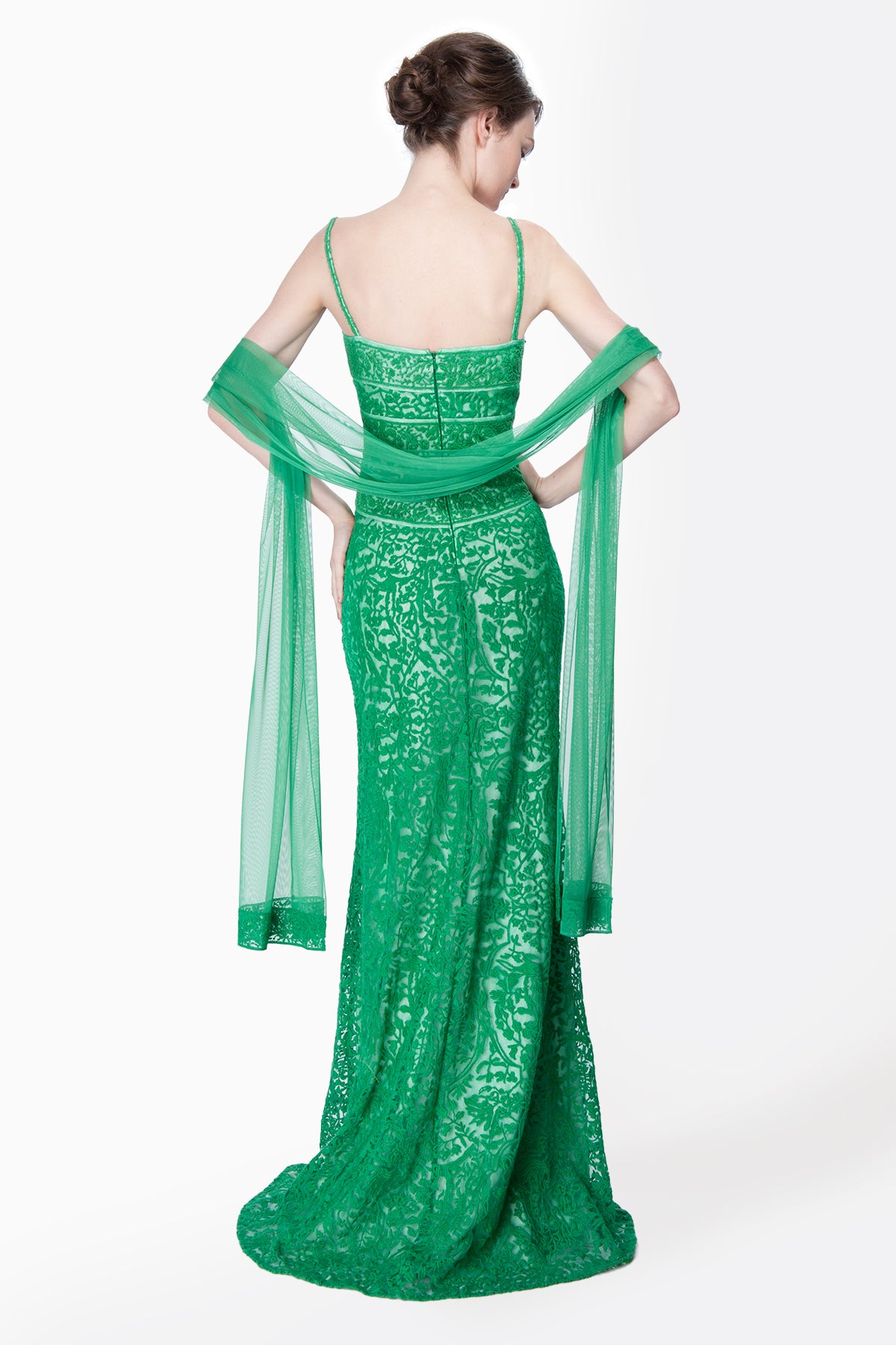 Embroidered Lace Banded Sweetheart Gown with Stole in Green Leaf