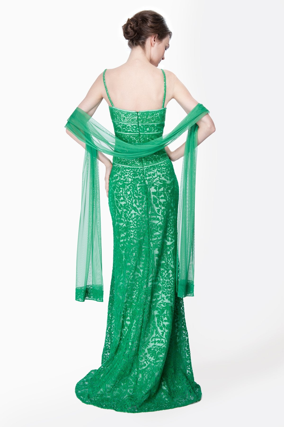 Embroidered Lace Banded Sweetheart Gown with Stole in Green Leaf