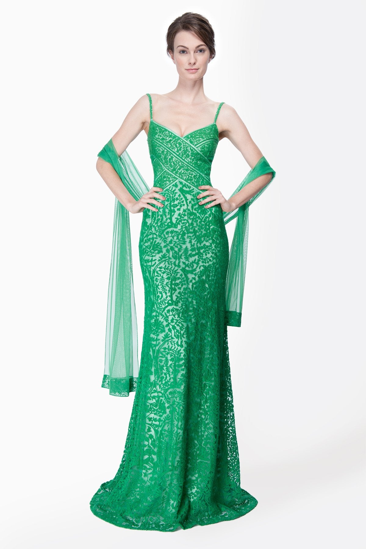 Embroidered Lace Banded Sweetheart Gown with Stole in Green Leaf