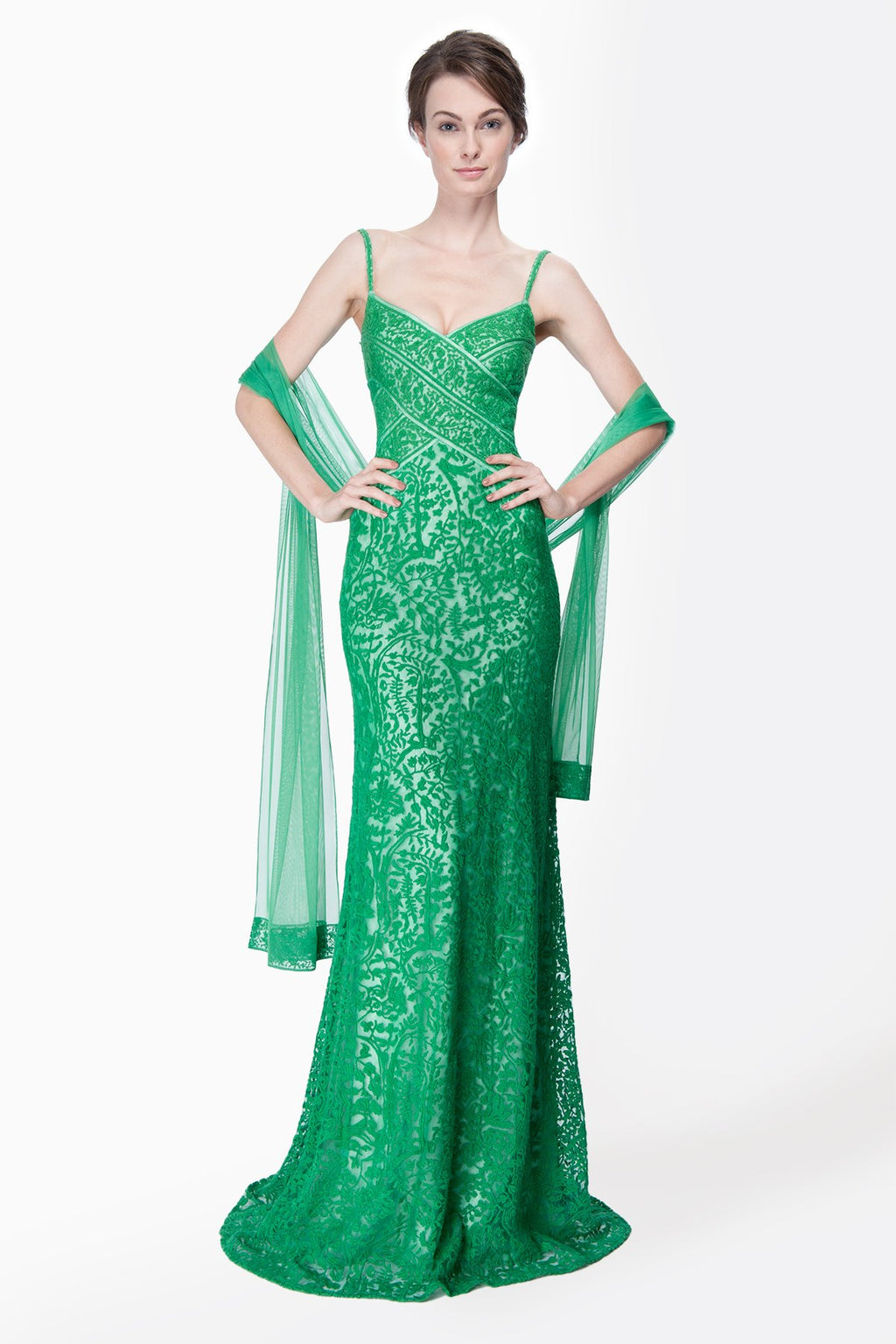 Embroidered Lace Banded Sweetheart Gown with Stole in Green Leaf