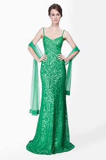 Embroidered Lace Banded Sweetheart Gown with Stole in Green Leaf