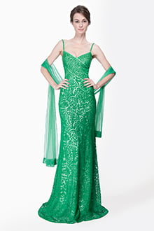 Embroidered Lace Banded Sweetheart Gown with Stole in Green Leaf