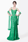 Embroidered Lace Banded Sweetheart Gown with Stole in Green Leaf