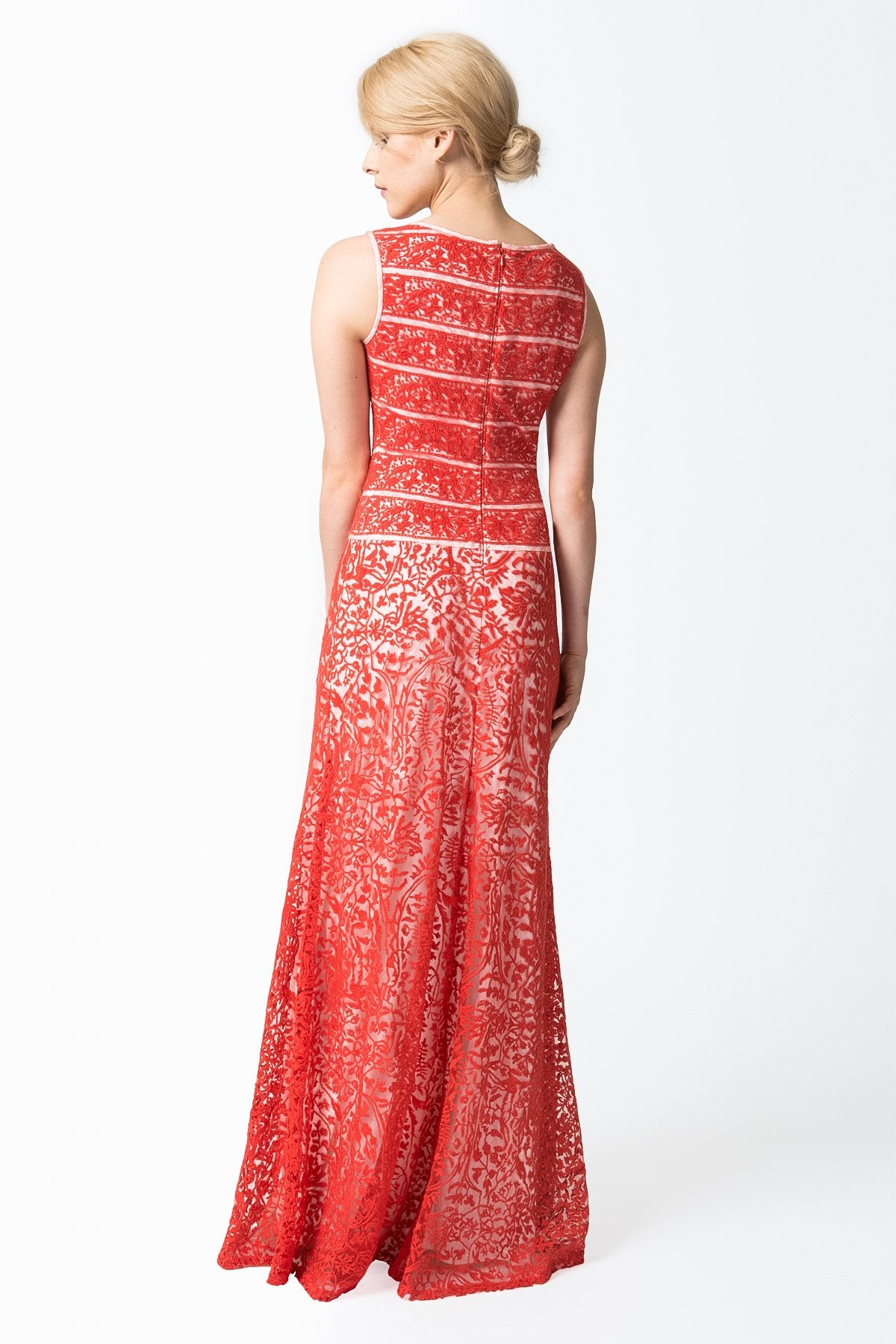 Embroidered Banded Lace Boatneck Gown in Paprika