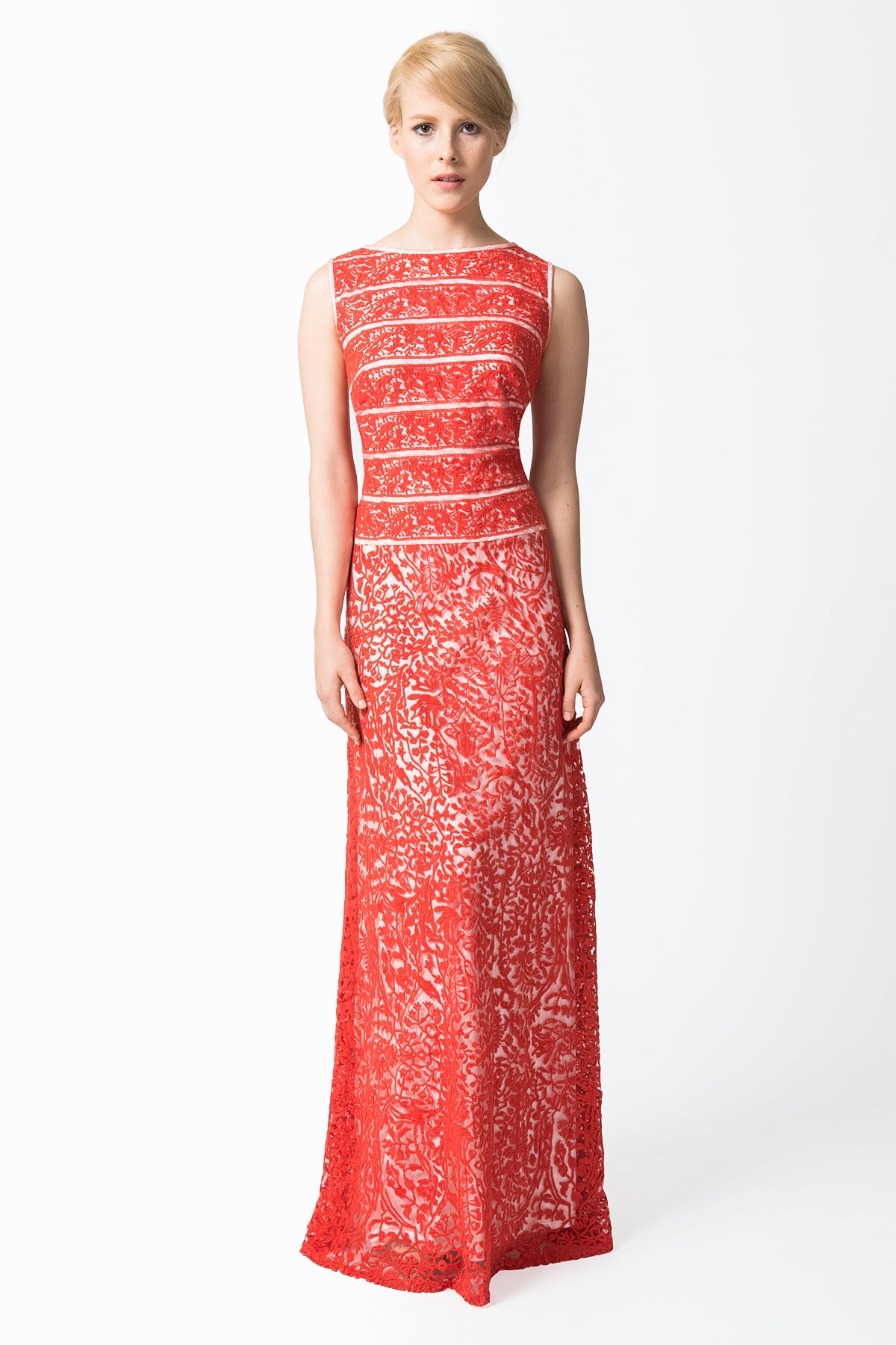 Embroidered Banded Lace Boatneck Gown in Paprika