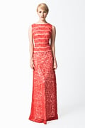 Embroidered Banded Lace Boatneck Gown in Paprika
