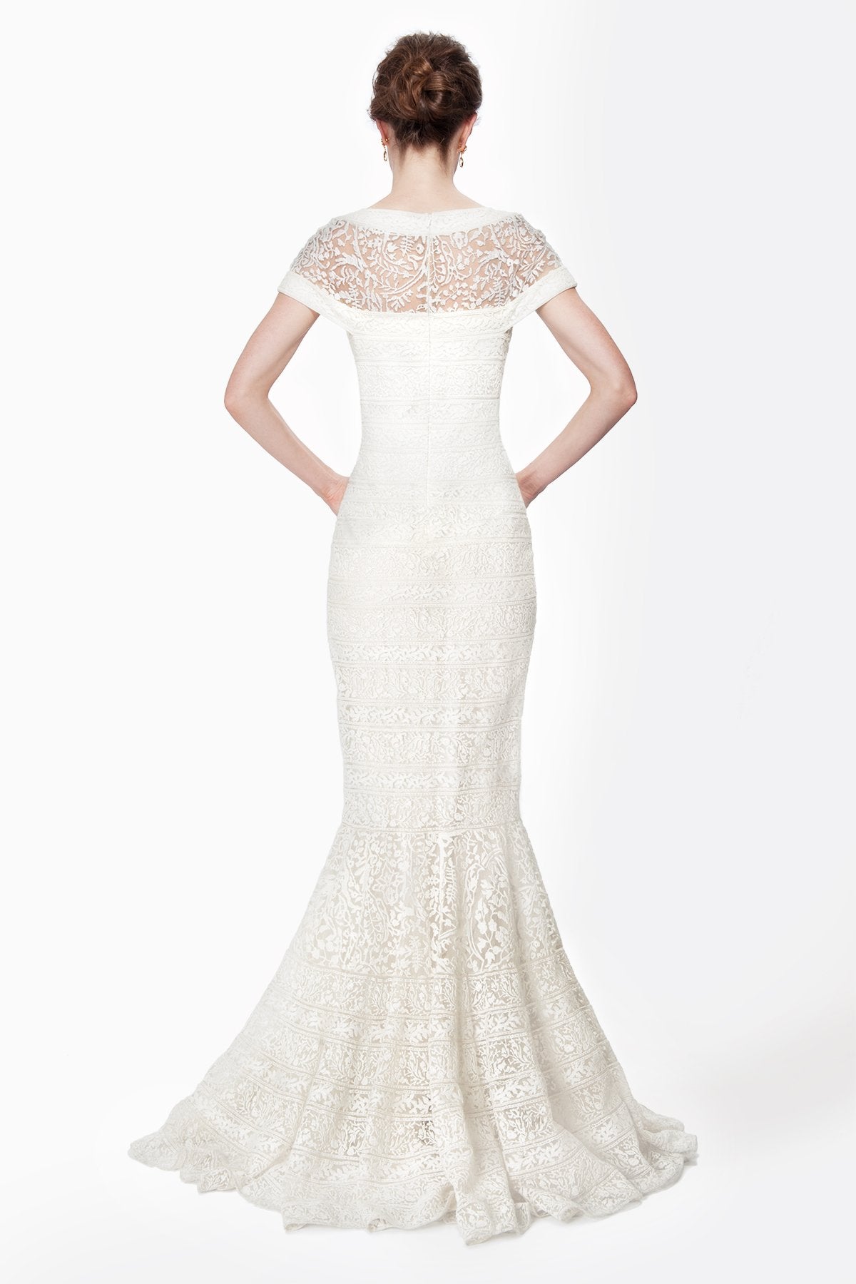 Embroidered Banded Lace Cap Sleeve Circular Skirt Gown in Ivory
