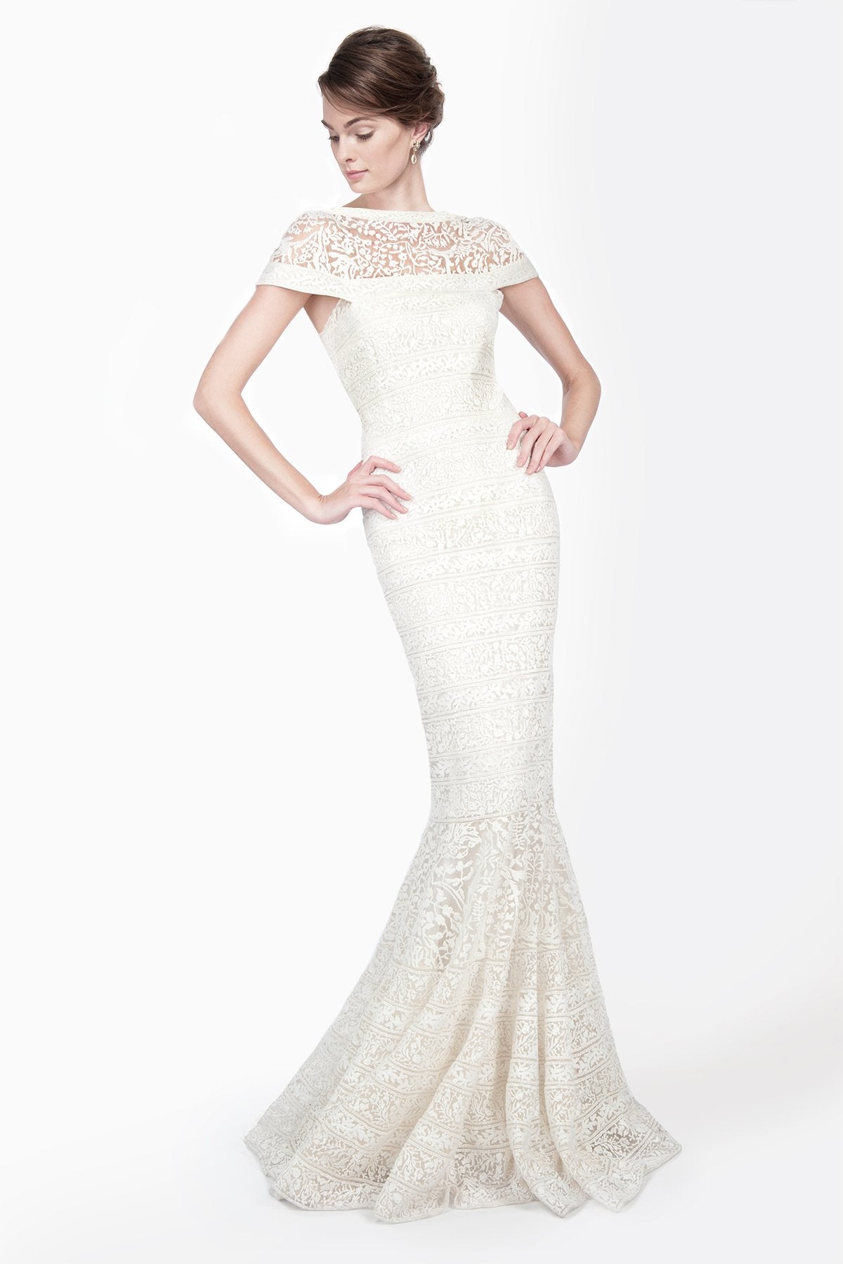 Embroidered Banded Lace Cap Sleeve Circular Skirt Gown in Ivory