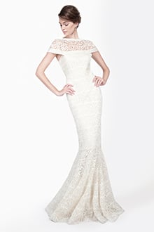 Embroidered Banded Lace Cap Sleeve Circular Skirt Gown in Ivory
