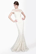 Embroidered Banded Lace Cap Sleeve Circular Skirt Gown in Ivory