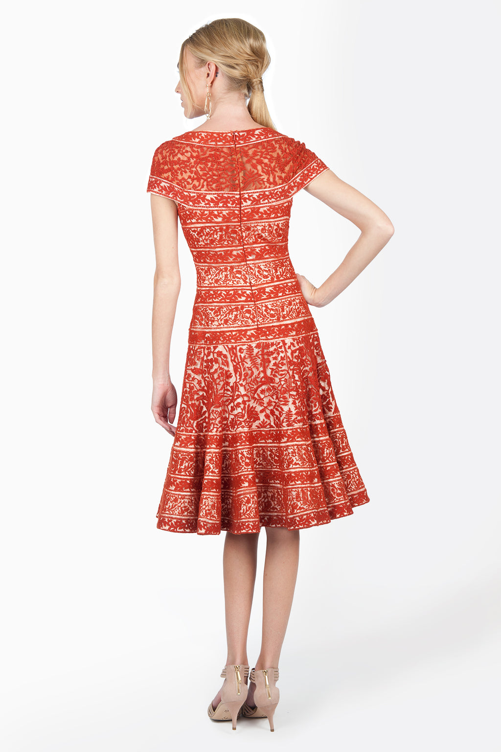 Embroidered Banded Lace Circular Skirt Dress in Terracotta