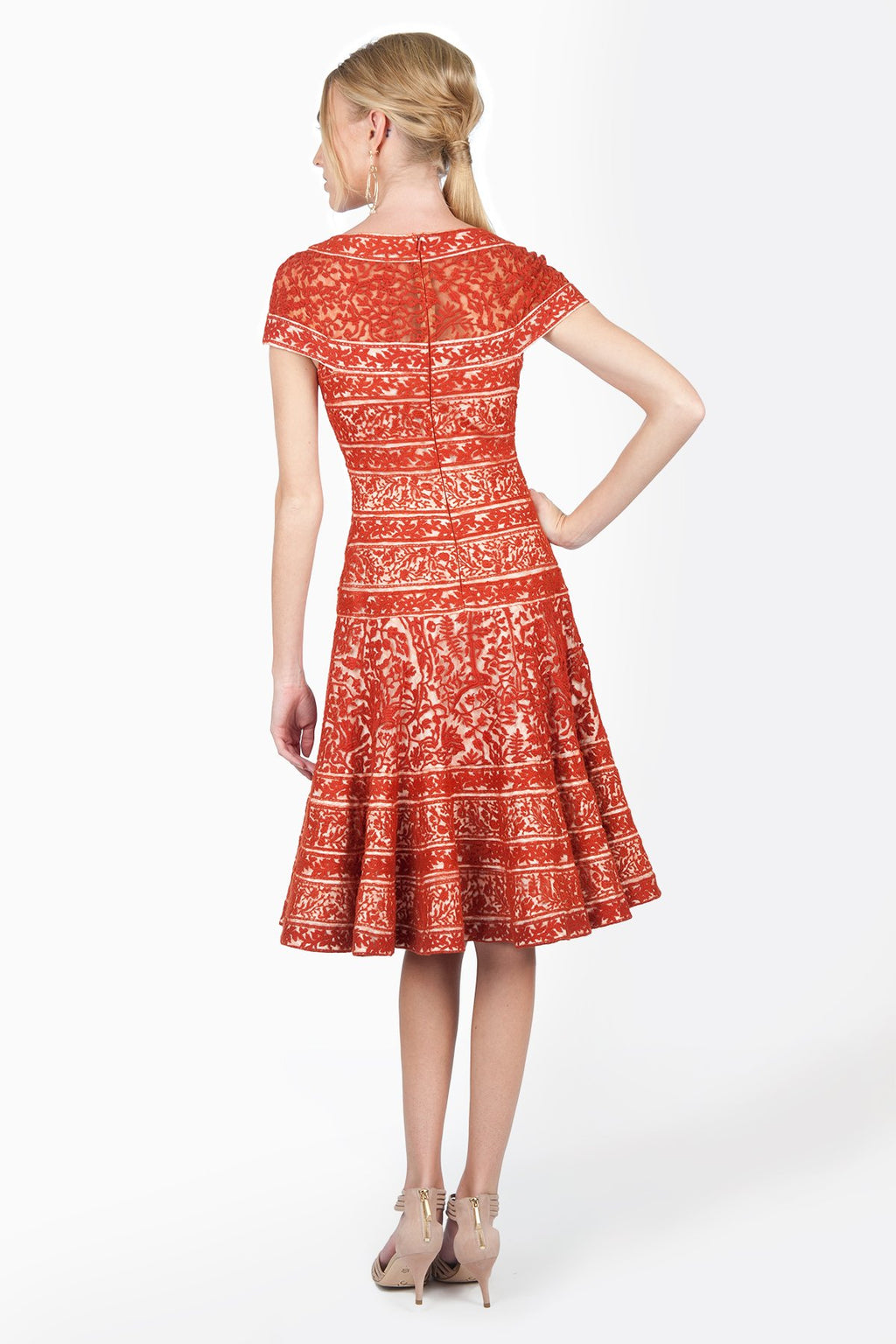 Embroidered Banded Lace Circular Skirt Dress in Terracotta
