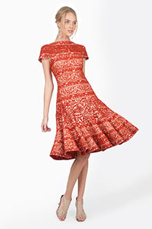 Embroidered Banded Lace Circular Skirt Dress in Terracotta