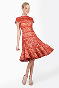 Embroidered Banded Lace Circular Skirt Dress in Terracotta