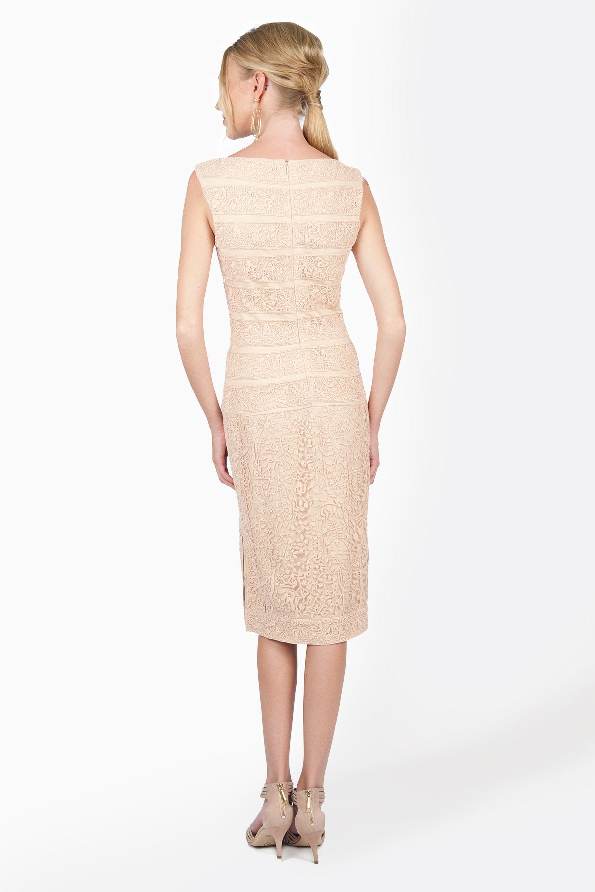 Embroidered Banded Lace Sheath Dress in Desert Bloom