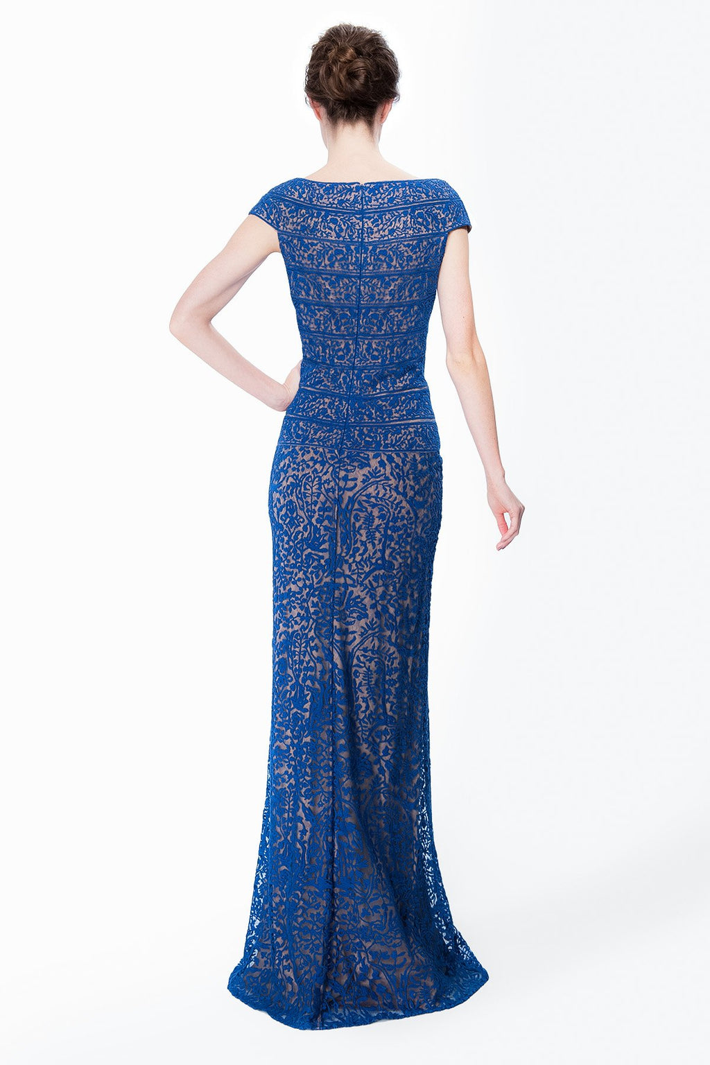 Embroidered Banded Lace Bodice Gown in Blue Lagoon / Nude